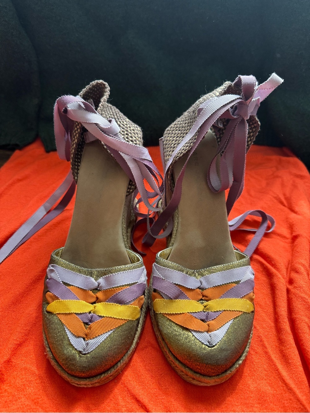 Marc Jacobs Woven Ribbon Espadrille Wedges in Lavender, Orange & Gold